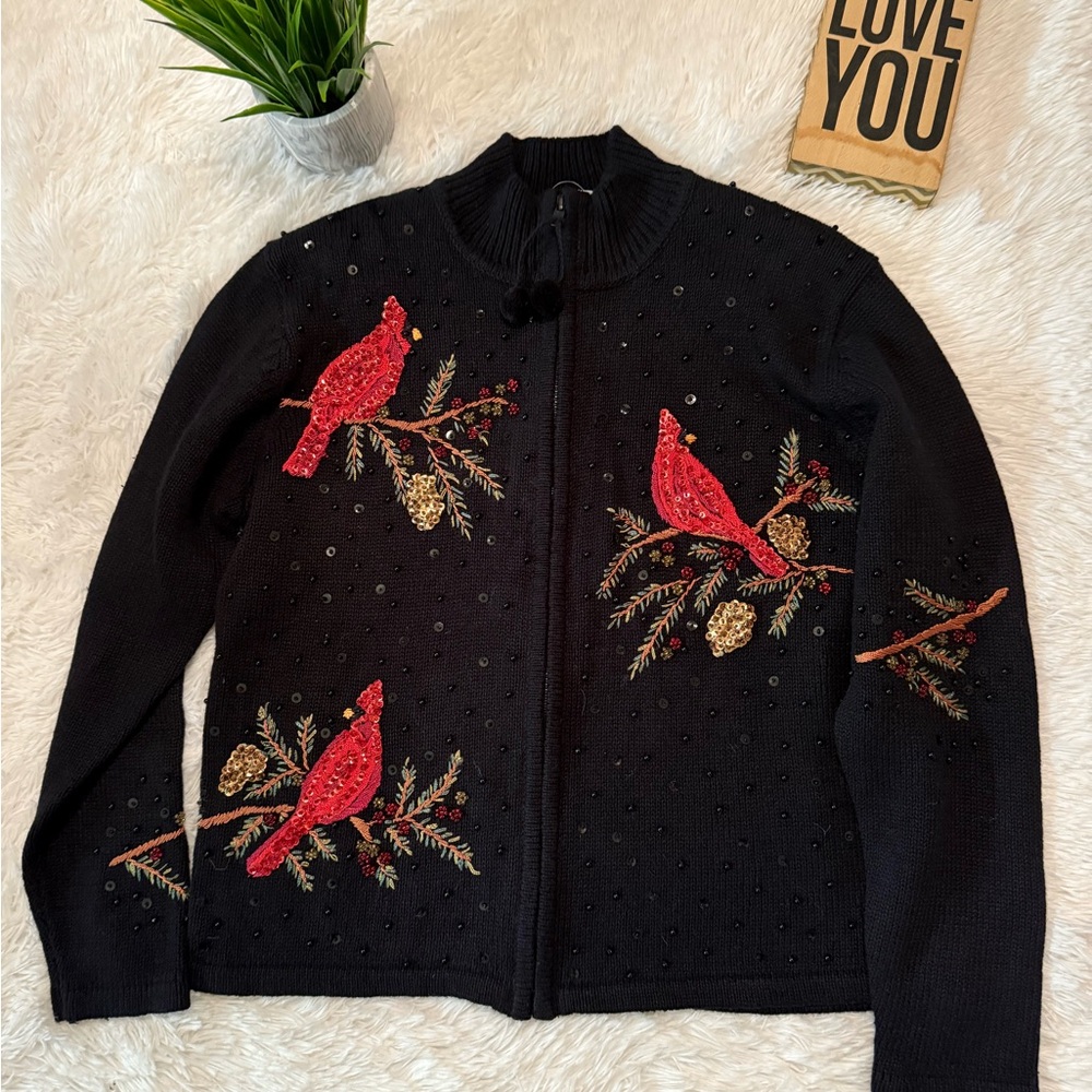 Vintage Heirloom Collectibles Black Cardigan Zip Sweater with Sequin Embroidery